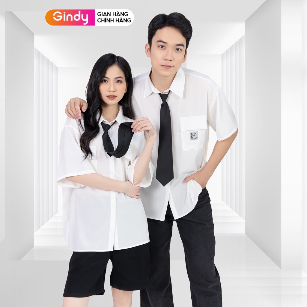 Áo sơ mi tay ngắn nam nữ phong cách GINDY unisex sơmi trắng phối cà vạt form rộng vải Kate mịn mát A11122