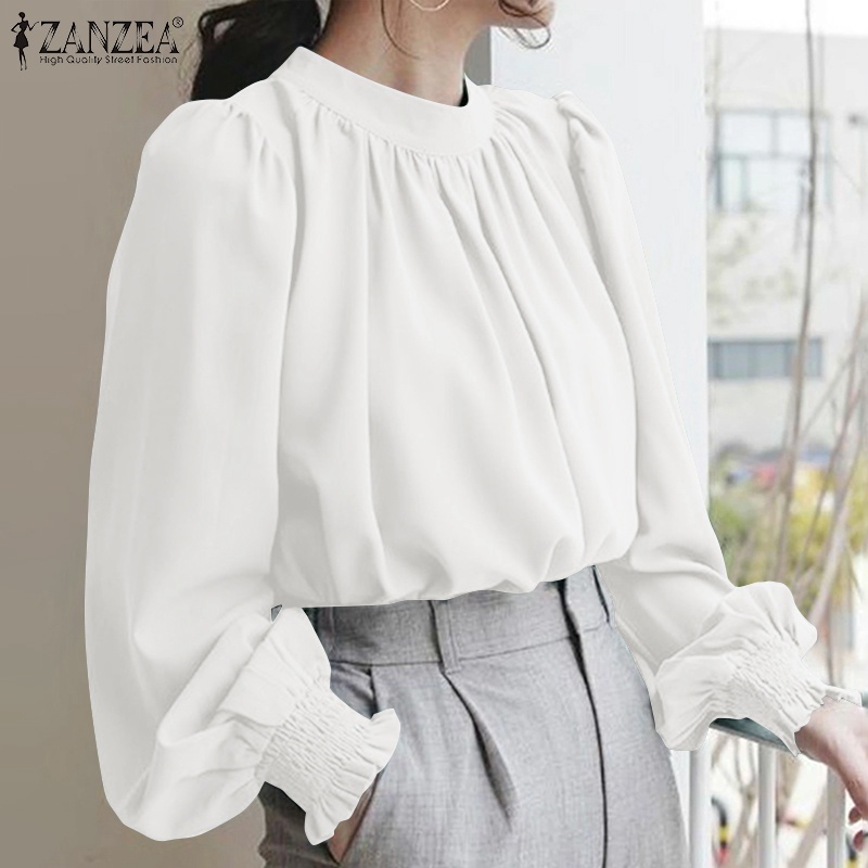 Áo ZANZEA cổ chữ O tay phồng màu trơn thiết kế xếp li trẻ trung cho nữ