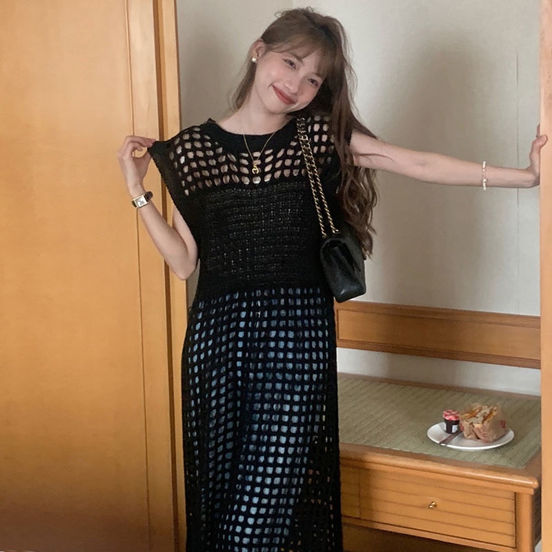 [LININ] Đầm Dệt Kim Sát Nách Dệt Kim Cổ Tròn Phối Lưới Rỗng Xếp Chồng Thời Trang Mùa Hè Hàn Quốc Cổ Điển
