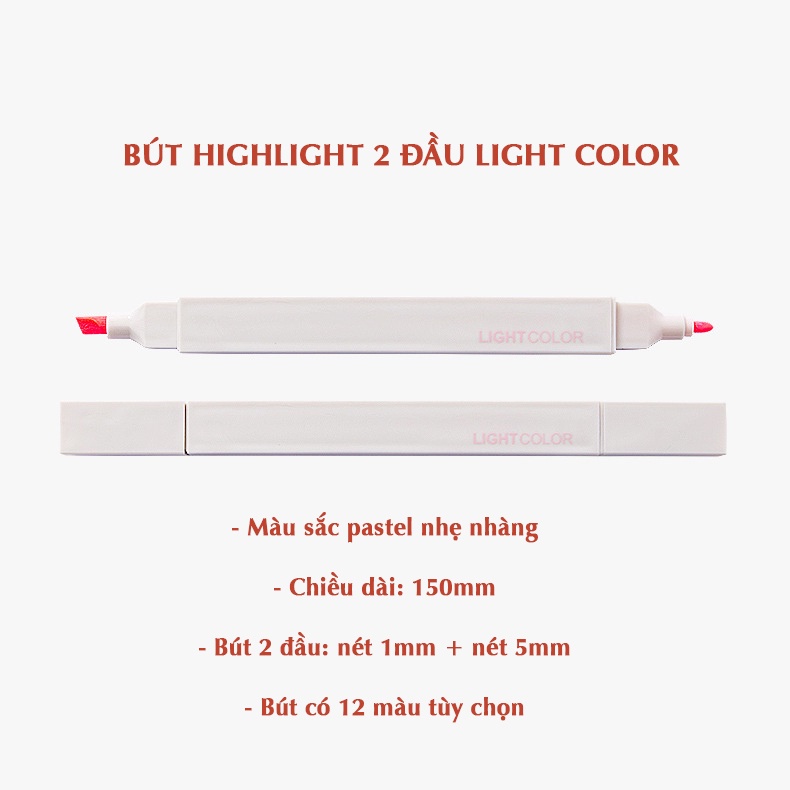 Combo 12 bút highlight 2 đầu Light Color màu Pastel HI06 kèm sticker, bút nhớ đánh dấu thân vuông