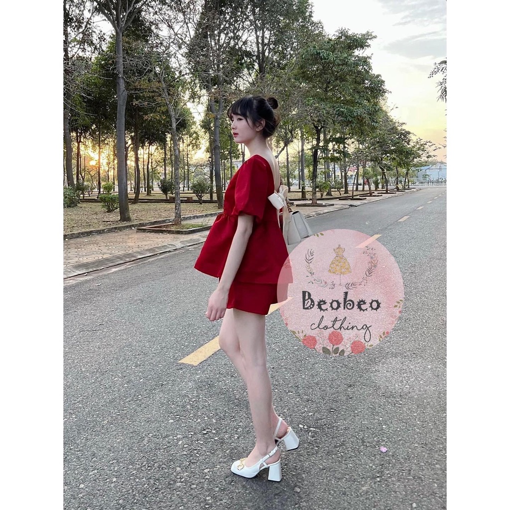 Set áo babydoll đỏ tay phồng nơ lưng kèm quần short dễ thương