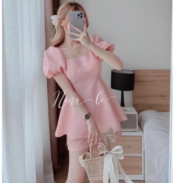 Sét bộ đồ nữ dáng xòe cột nơ lưng bánh bèo kèm quần đũi nữ tính