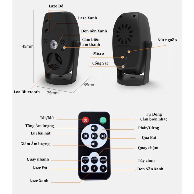Đèn chiếu laser cảm ứng nhạc - Đèn laser tích hợp LOA BLUETOOTH hàng nhập cao cấp
