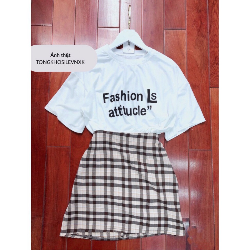 {SP mới - sẵn} - Set Bộ Áo Thun Fashion Mix Chân Váy Kẻ Caro Màu Be - Set Áo thun tay lỡ Fashion is Attitucle + chân vá