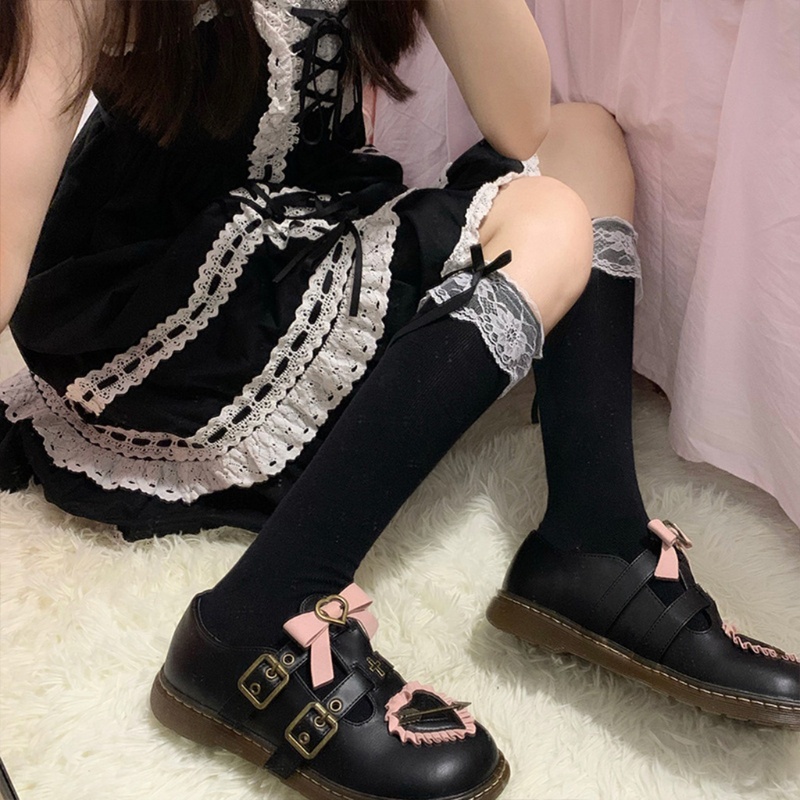 Đôi Tất Chân Cotton Cao Qua Gối Phối Ren Đính Nơ Phong Cách Lolita Nhật Bản Cho Nữ
