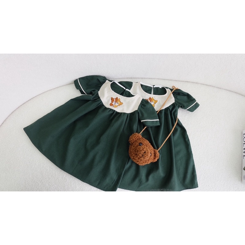 ĐẦM XANH THÊU CHẤT LIỆU LINEN CHO BÉ GÁI 8-24kg