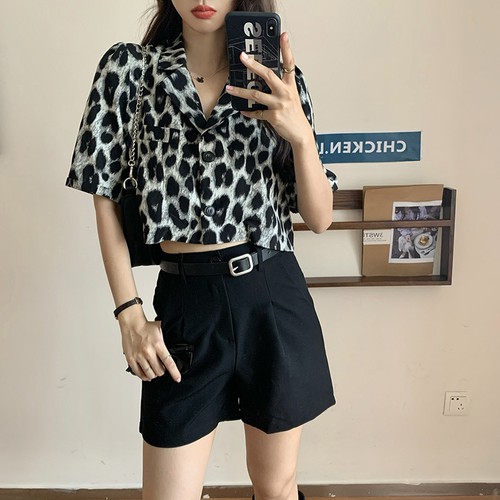 Áo sơ mi croptop họa tiết da báo phong cách retro (ảnh thật)
