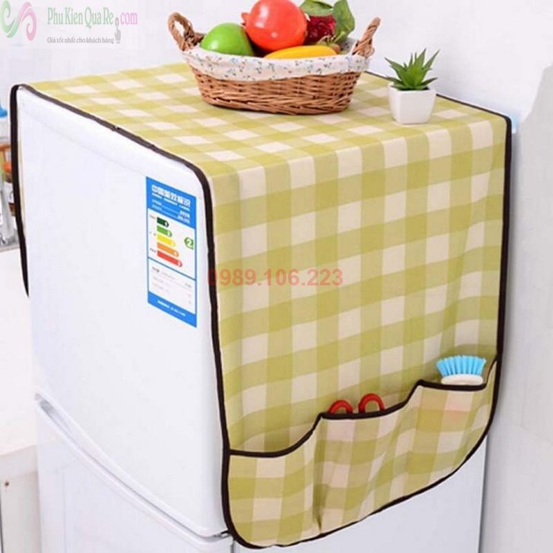 Khăn che tủ lạnh có túi caro màu xinh xắn chống thấm ẩm mốc trên đầu tủ lạnh, túi đựng tiện lợi bên hông