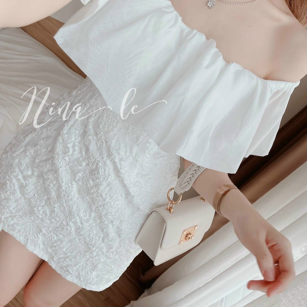 Đầm thời trang nữ mặc đi dự tiệc, Đầm trắng chất xốp trễ vai phối voan tơ bèo có lót trong kèm mút ngực váy chữ A suông