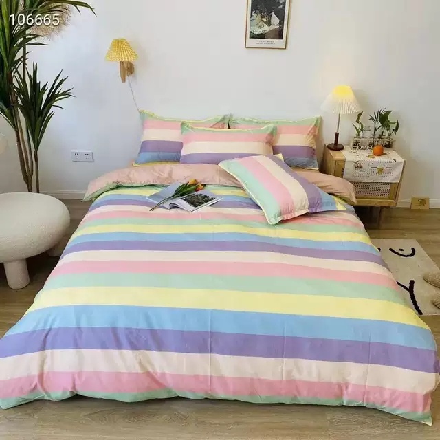 Bộ Ga Gối Poly Cotton Felicia 3 Món Mẫu KẺ CẦU VỒNG m2/m6/m8/2m2, Drap Bo Chun + 2 Vỏ Gối Poly Cotton