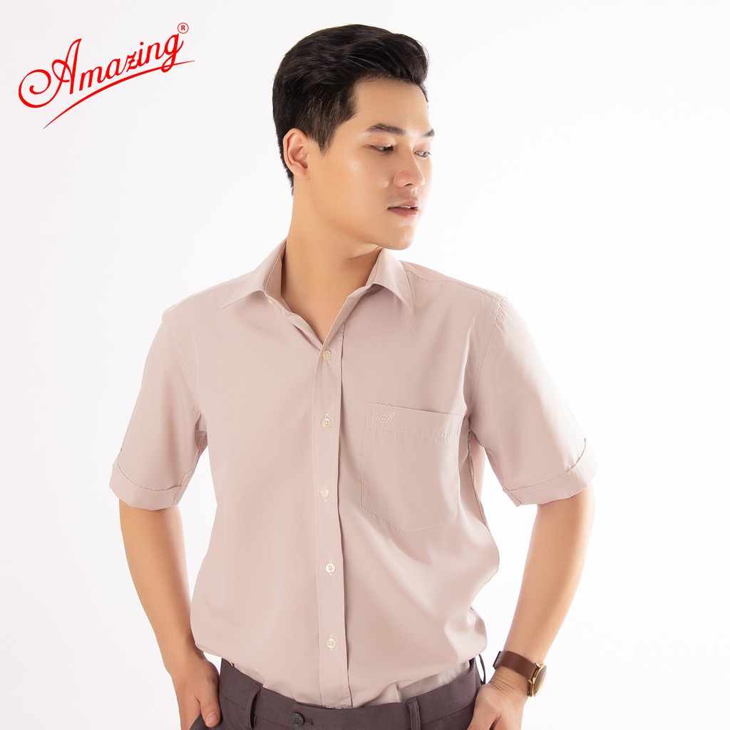 Áo somi nam màu trơn tay ngắn Amazing, vạt bầu, chất vải mềm mại, nhẹ nhàng, thời trang trung niên cao cấp