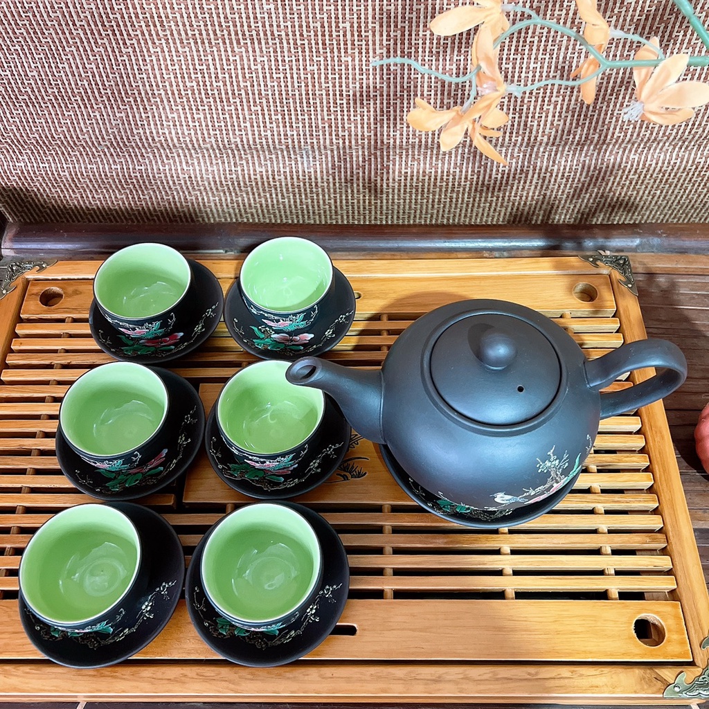 Bộ ấm trà ⚱ Gốm Sứ Bát Tràng ⚱ bộ ấm chén uống trà Lan hoa đen cao cấp tử sa GOMPHUQUY AC70