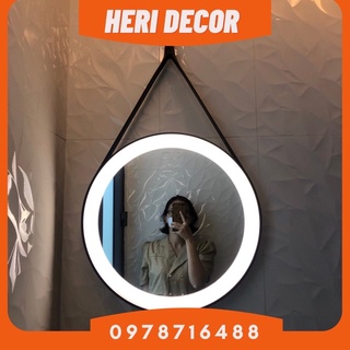 Gương tròn dây da đèn led phun cát trang trí d50