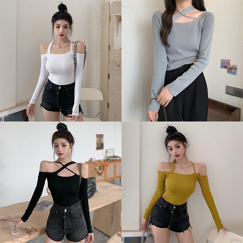 Áo thun tay dài hở vai màu sắc thời trang dành cho nữ