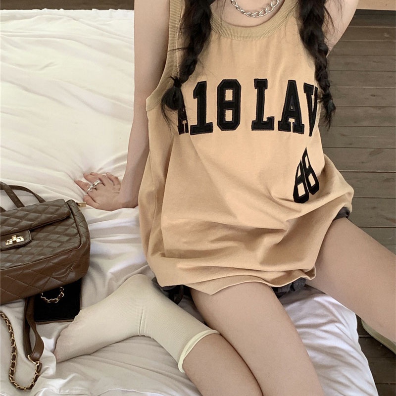 Áo thun ba lỗ SUXI dáng rộng in chữ đơn giản phong cách thể thao thời trang mùa hè cho nữ