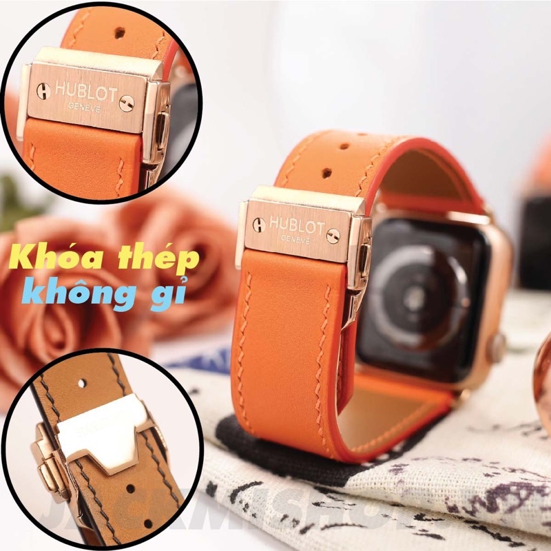 [DÂY DA THẬT] DÂY DA BÊ SWIFT MAY TAY THỦ CÔNG MÀU CAM KHÓA HUBLOT CHO APPLE WATCH SERIES 1=&gt;6 (BẢO HÀNH 1 NĂM)