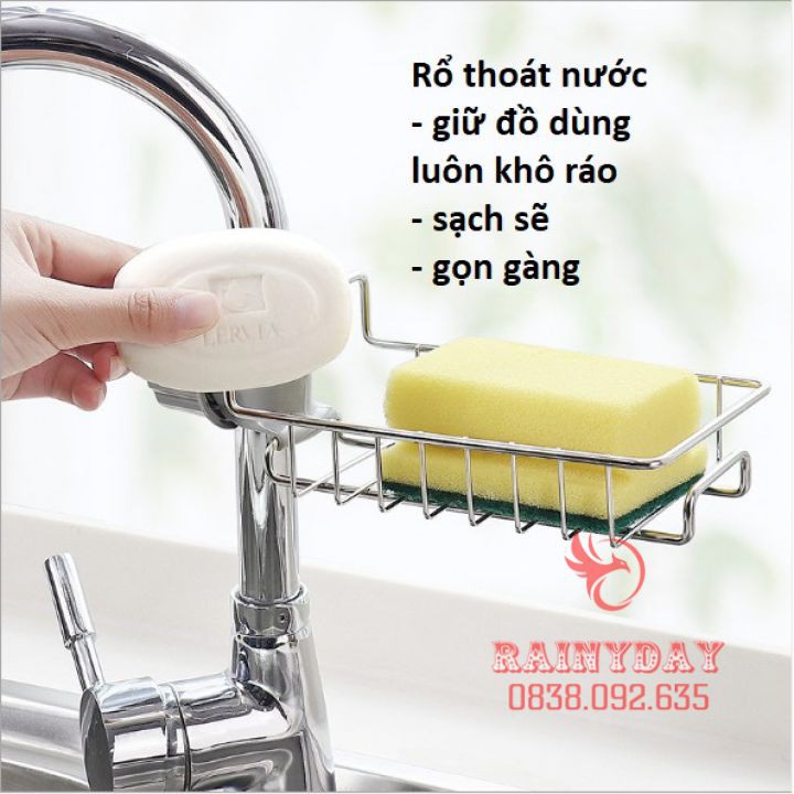 Giá khay inox để đựng đồ rẻ rửa bát chén miếng xà phòng gắn treo vòi nước bồn chậu nhà bếp