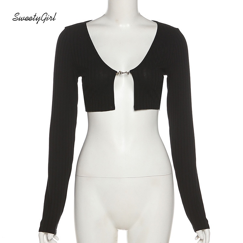 Áo Croptop Tay Dài Cổ Chữ V Màu Trơn In Chữ Phong Cách Đường Phố Quyến Rũ Dành Cho Nữ