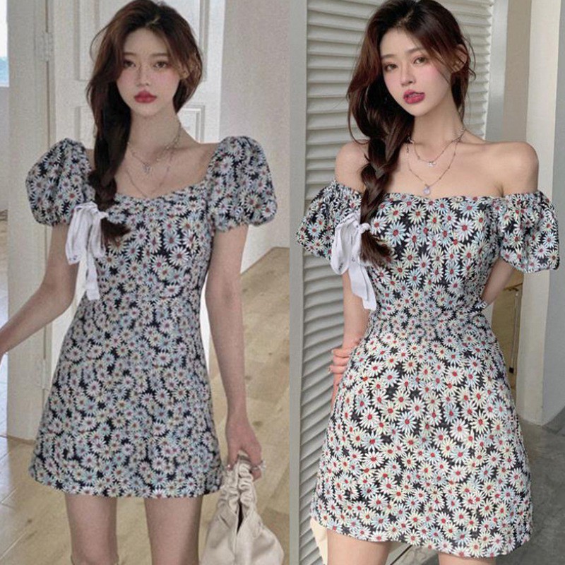 Đầm Hoa Tay Phồng Cổ Chữ V Thời Trang Dành Cho Nữ