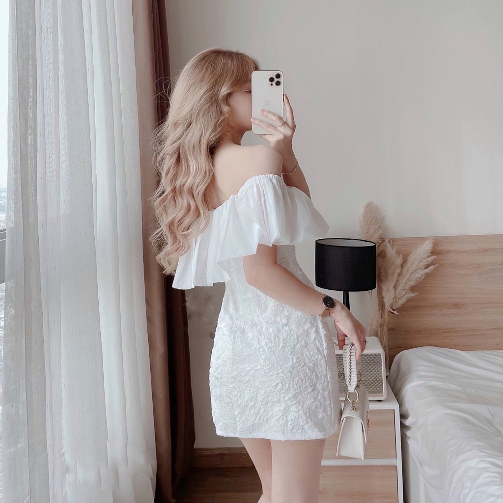 Váy Trễ Vai Chất Gấm Xốp Bèo Voan Tơ Ulzzang Hàn Quốc