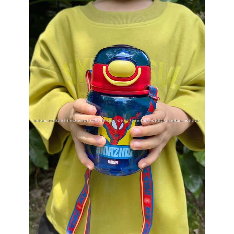 Bình nước ống hút kèm dây đeo cao cấp Disney Minnie Spiderman 480ml cho trẻ em 2145