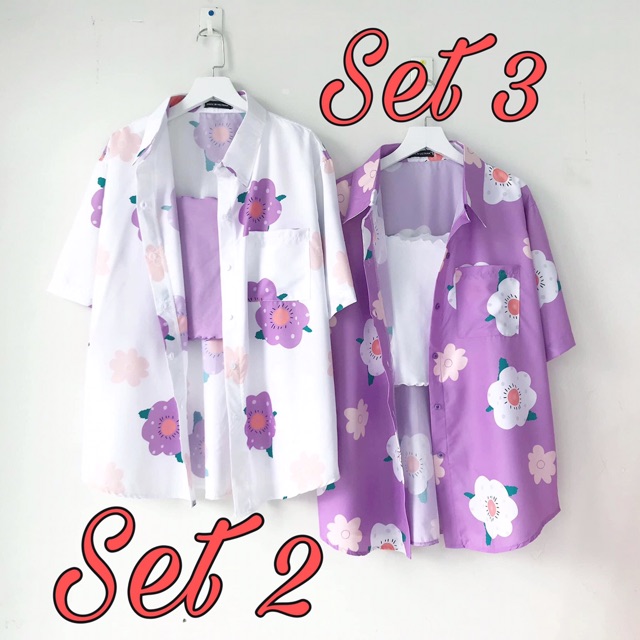 Set Sơmi Hoạ Tiết CropTop Hai Dây Ảnh Thật