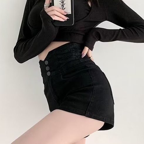 Quần Short Denim Lưng Cao Ống Rộng Theo Phong Cách Retro Hàn Quốc