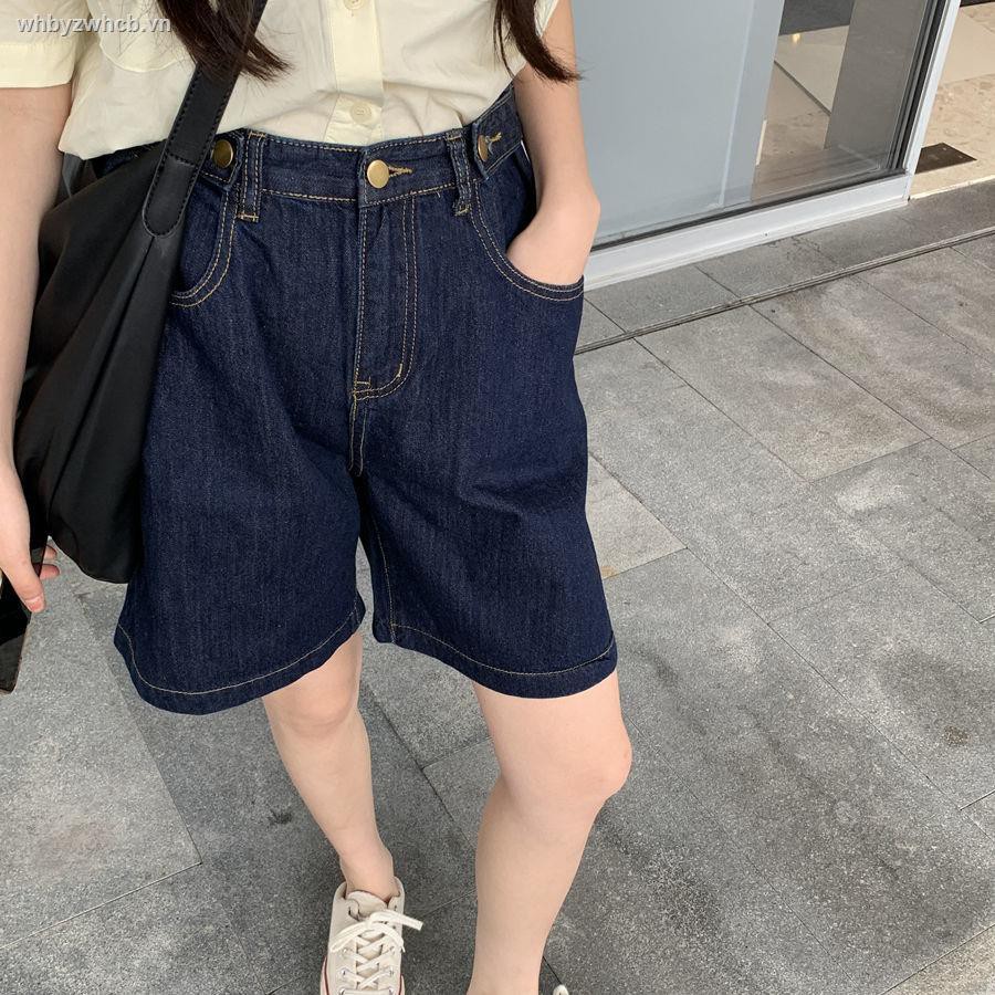 Quần short denim lưng cao ống rộng phong cách thời trang Hồng Kông 2021 cho nữ
