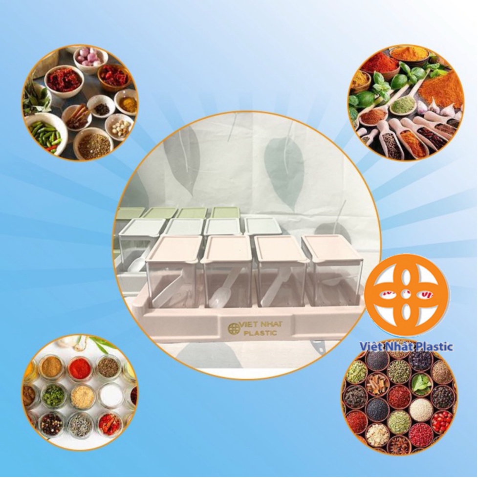 set 4 hũ đựng gia vị nhựa kèm muỗng, hũ gia vị Việt Nhật 2939