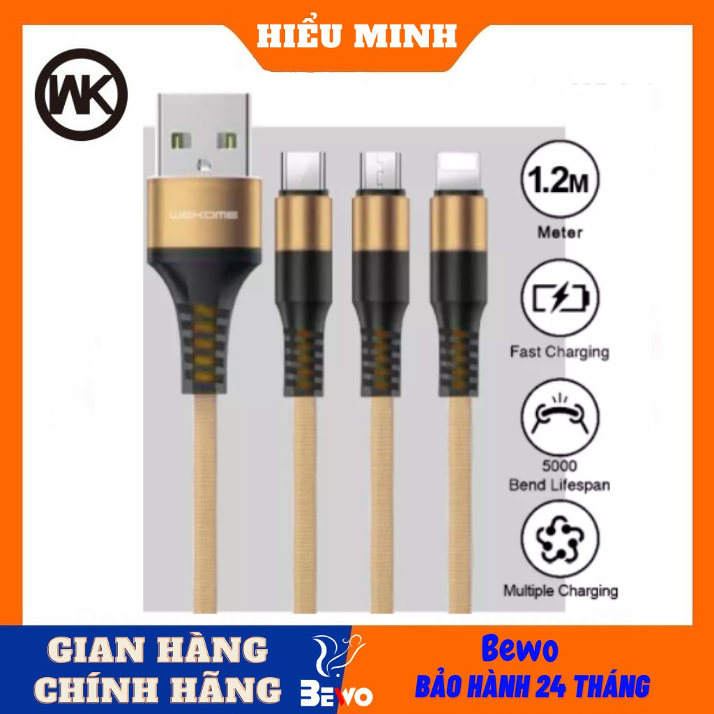 Cáp sạc 3 đầu WK WDC -125,dây dù 1m2 chống đứt,3 cổng IPhone - MicroUsb - TypeC