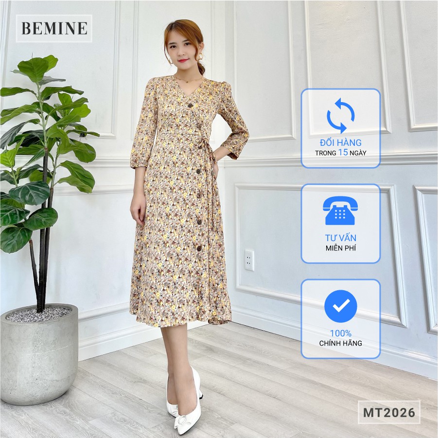 Đầm dáng xòe nữ hoạt tiết hoa đắp chéo cổ tim kiểu dáng thanh lịch BEMINE MT2026VANG