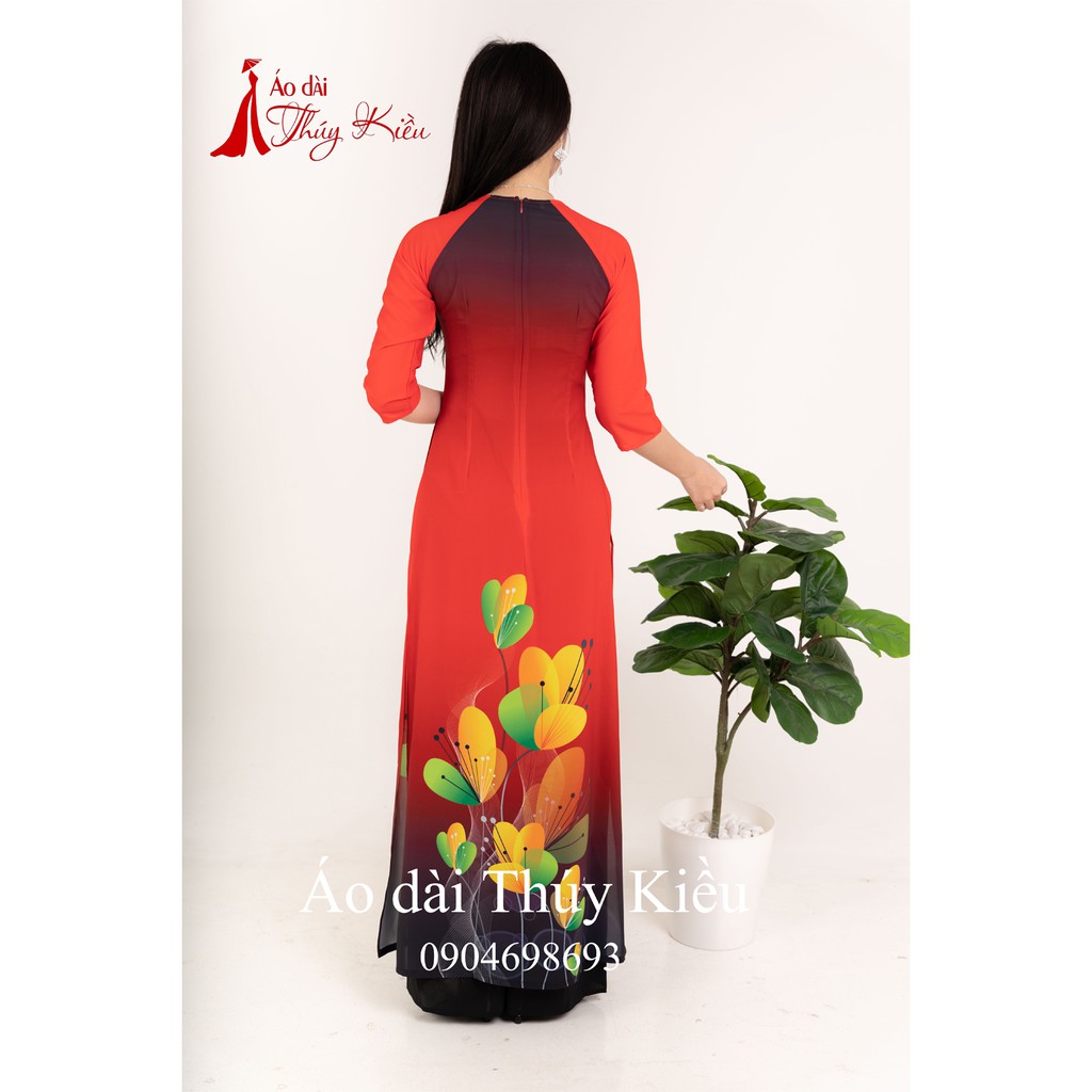 Áo dài Thúy Kiều in 3D lụa Nhật đỏ hoa lồng đèn K51 ADTK