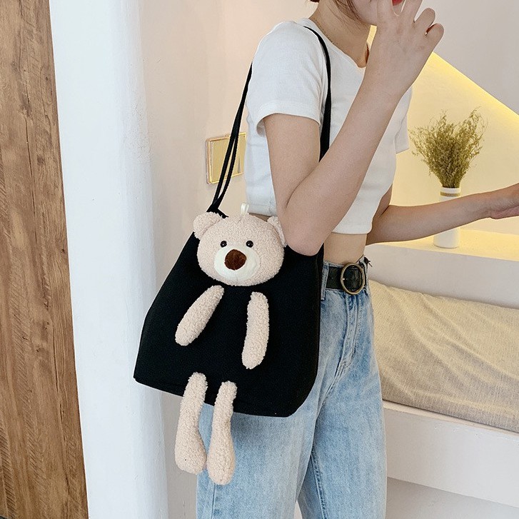 Túi Đeo Vai Bằng Vải Canvas Mềm Hình Gấu Hoạt Hình Sáng Tạo Phong Cách Hàn Quốc Cho Nữ
