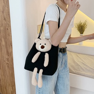 Túi Đeo Vai Bằng Vải Canvas Mềm Hình Gấu Hoạt Hình Sáng Tạo Phong Cách Hàn Quốc Cho Nữ