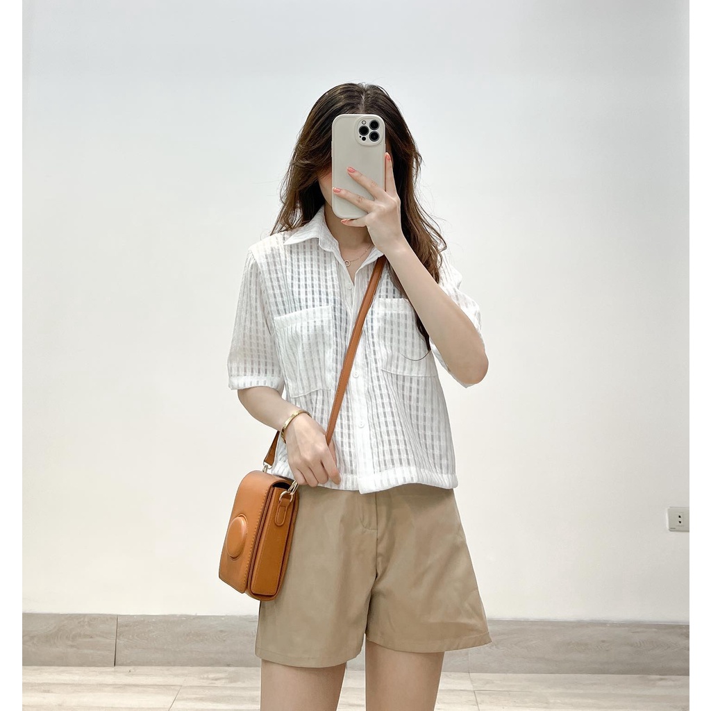 XẢ HÀNG Áo sơ mi croptop cộc tay ren thời trang Miho house