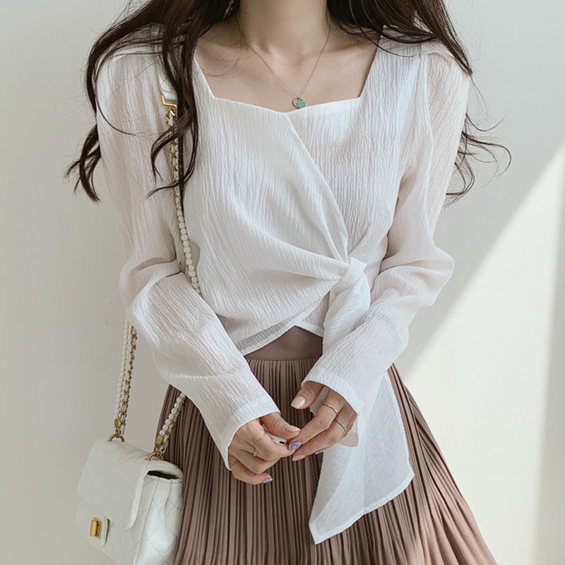 Áo Sơ Mi chiffon Cổ Vuông Tay Dài Dáng Rộng Phong Cách Hàn Quốc Cho Nữ NZ-CS-22