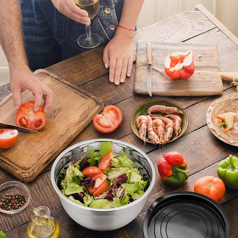 Bộ 5 Tô Trộn Salad Bằng Thép Không Gỉ Có Nắp Đậy Kín Khí Và Đế Chống Trượt Dùng Trong Nhà Bếp