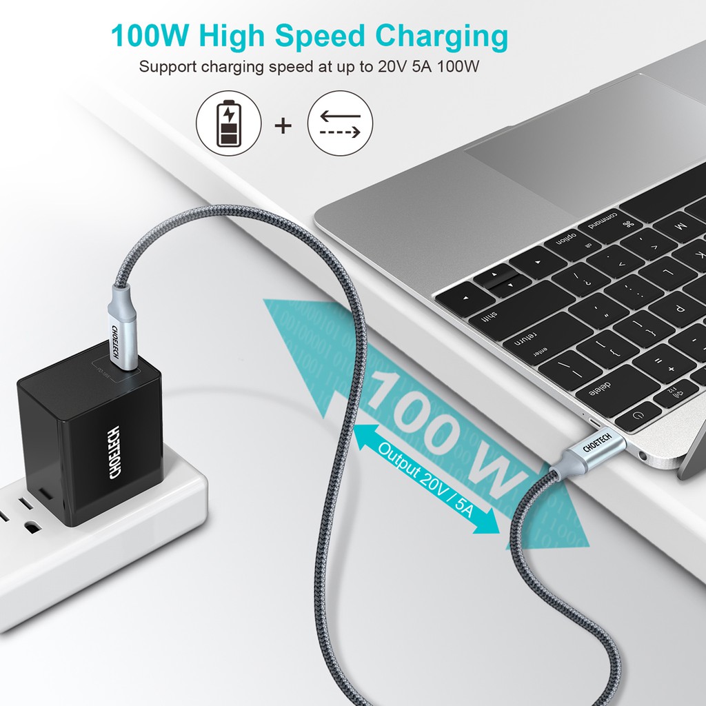 Dây Cáp Sạc Usb CHOETECH Loại C 100w 20v 5a 6ft Cho Máy Tính Bảng Samsung/Macbook Pro 2018