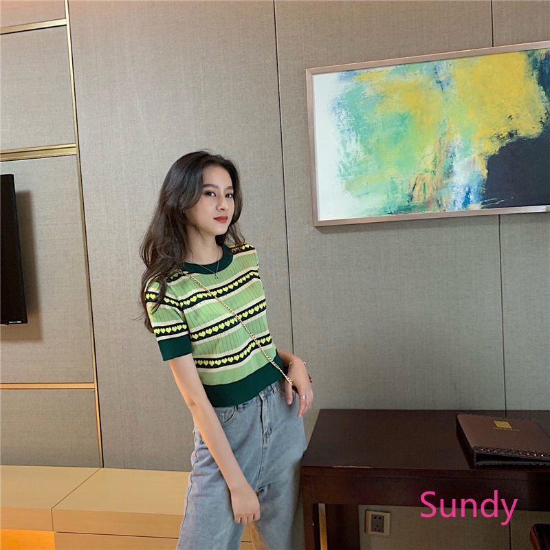 Áo Thun Dệt Kim In Họa Tiết Dễ Thương Phong Cách Hàn Quốc Thời Trang Mùa Hè Cho Nữ