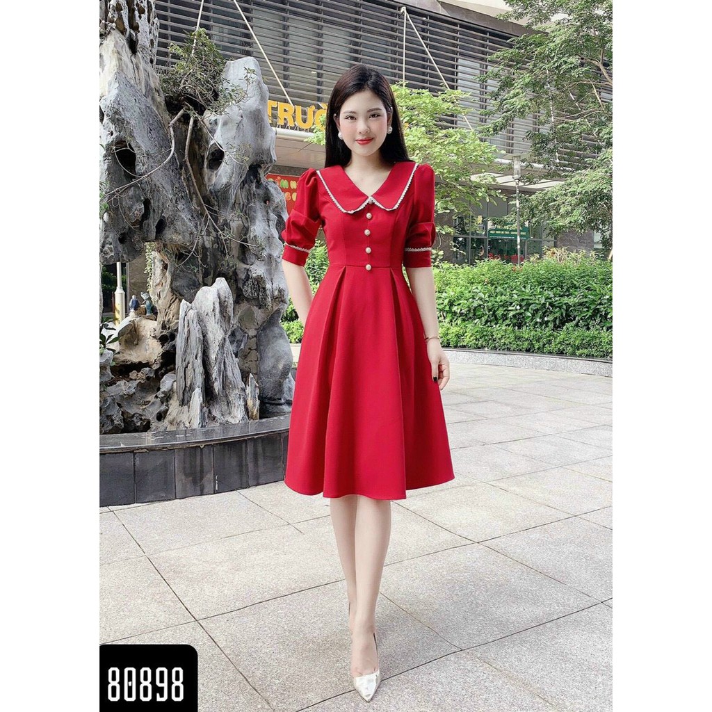 < size M, L, XL > Đầm dáng xòe thời trang vải thun Umi dày dặn, mềm mịn, co giãn và phối tay voan | BigBuy360 - bigbuy360.vn