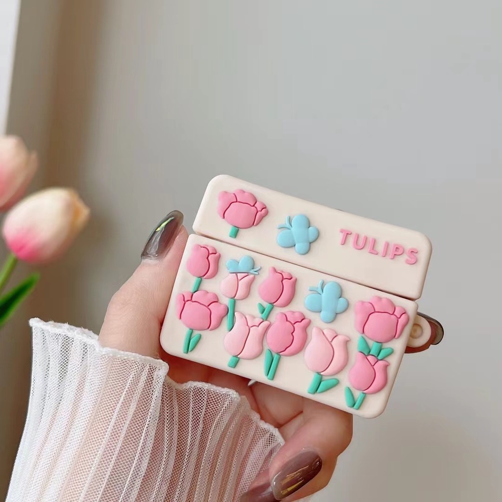 Vỏ Bảo Vệ Hộp Sạc Tai Nghe Airpod 1 2 3 pro Bằng Silicon Mềm Hình Hoa tulip Hồng 3D Dễ Thương