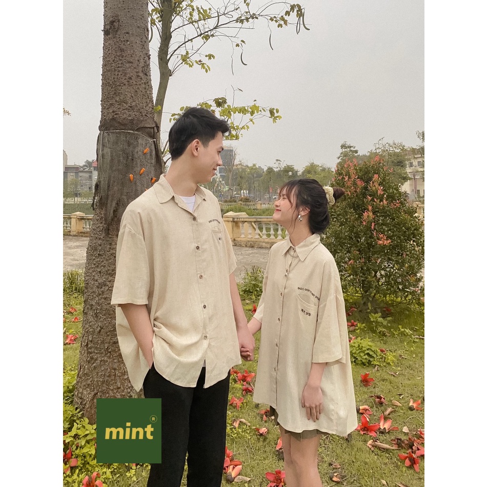 Áo sơ mi vải Linen cao cấp form rộng tay cộc kiểu Hàn túi ngực logo thêu, unisex nam nữ