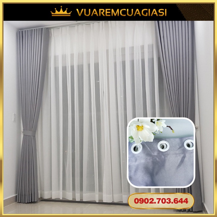 Rèm cửa xám nhạt may rido, ore đục lỗ, dán tường dùng trang trí nhà cửa chính, vải màn cửa sổ