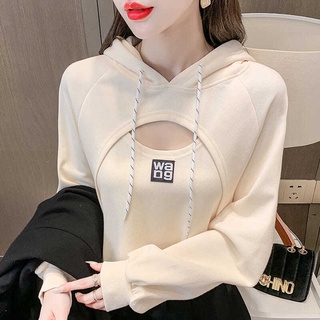 Mùa Thu Phong Cách Mới Thời Trang Gợi Cảm Ngực Rỗng Thời Trang Giả Hai Mảnh Áo Trùm Đầu Ngắn Áo Nữ