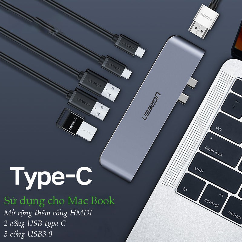 [Mã ELMALL300K giảm 5% đơn 500K] Bộ chuyển đổi 5 trong 1 UGREEN CM206 50775 mở rộng 2 cổng USB-C 3.1, 3 cổng USB 3.0