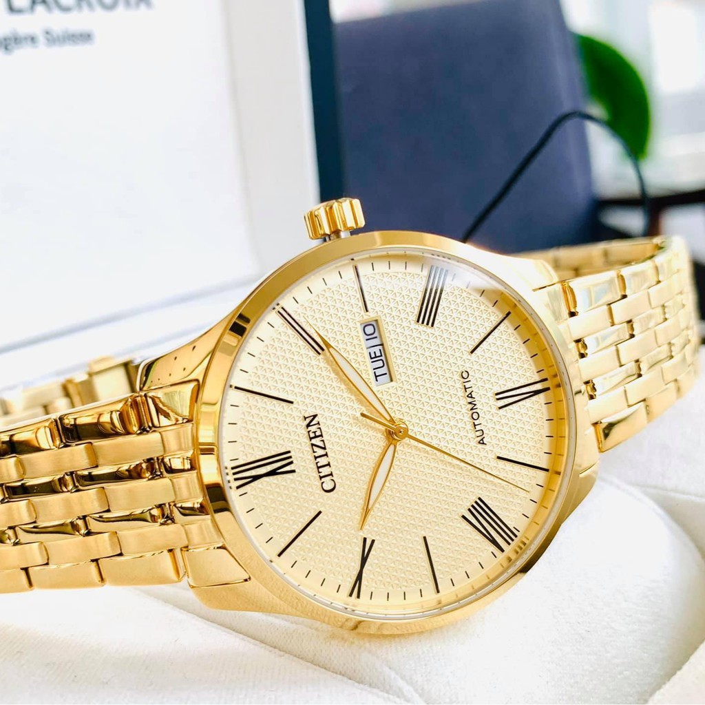 Đồng hồ Nam chính hãng Citizen Automatic NH8352-53P Vàng,Mặt vàng,Lịch-Máy cơ tự động-Dây kim loại cao cấp-Size 40mm