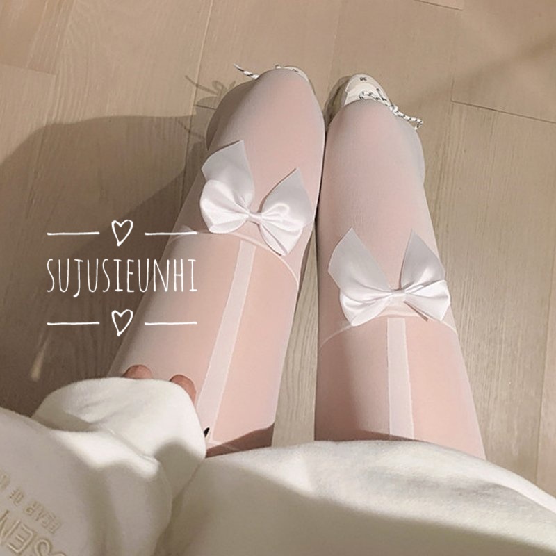 ( 2 màu) quần tất kẻ sọc đùi đính nơ lolita