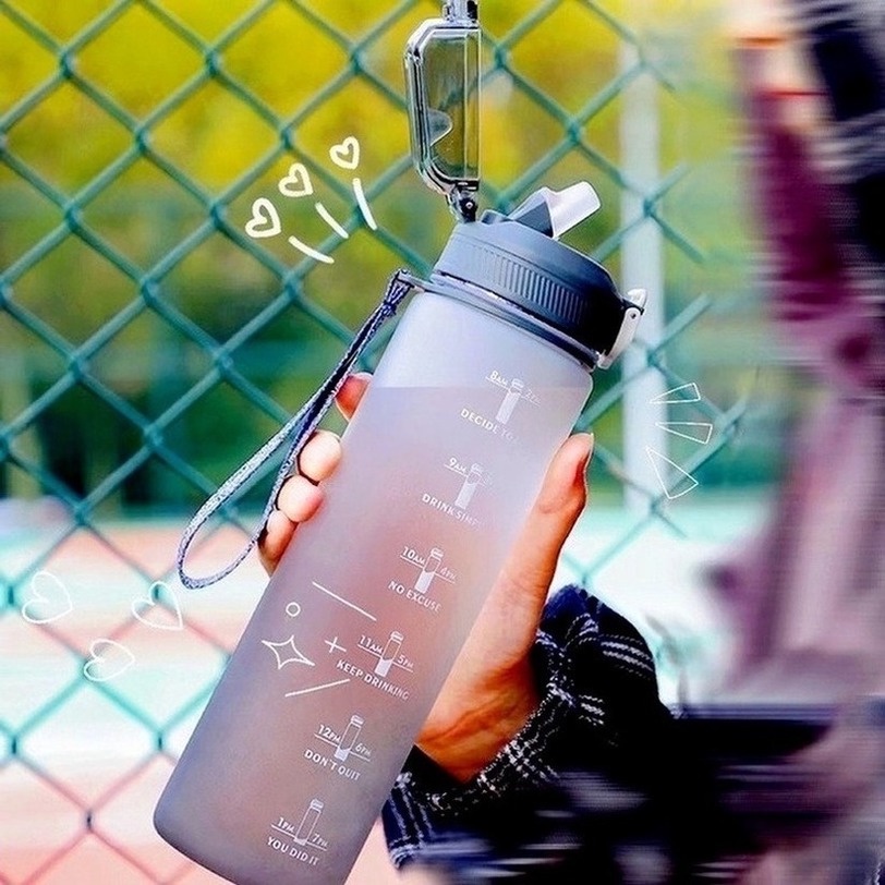 [ tặng Sticker] 1000ML Bình Đựng Nước Dễ Thương Có Vạch Báo Giờ Uống Nước bình nước cute có ống hút bình uống nước có tay cầm