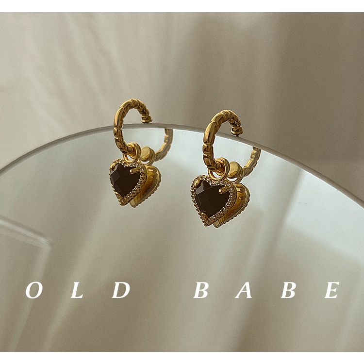 Bông Tai Hình Trái Tim Đính Đá Zircon Màu Đen Phong Cách Âu Mỹ Sang Trọng Thời Trang Cho Nữ