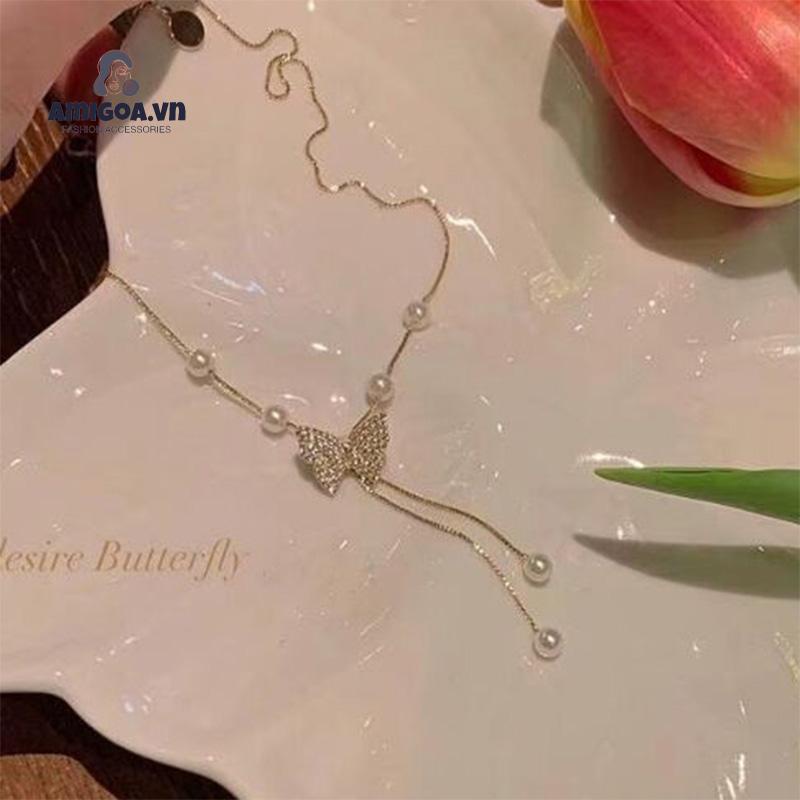 ✨✨Vòng cổ Mặt Hình Bướm Đính Đá Zircon Ngọc Trai Sang Trọng Cá Tính Đa Năng Thời Trang Cho Nữ